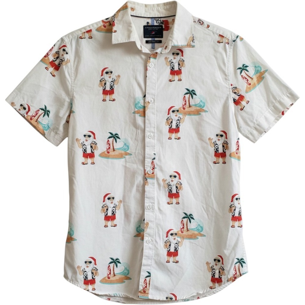 Denim & Flower Mens Small White Surfing Santa Christmas Tropical Button Down